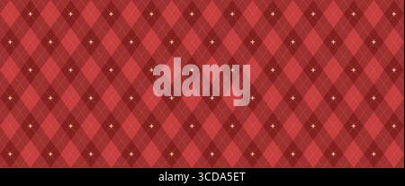 Christmas rhombus seamless pattern. Xmas red plaid texture with gold line and stars. Argyle geometric diamond abstract pattern. Christmas wrapping Stock Vector