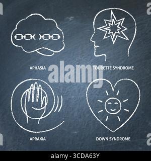 Neurodiversity symbols chalkboard icon set. Aphasia, Tourette syndrome, Down syndrome, apraxia. Vector illustration Stock Vector