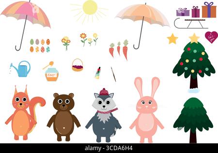 All-season set of animals and various household items. Winter, spring, summer, autumn, bunny, bear, raccoon, squirrel, umbrella, easter eggs, and Stock Vector