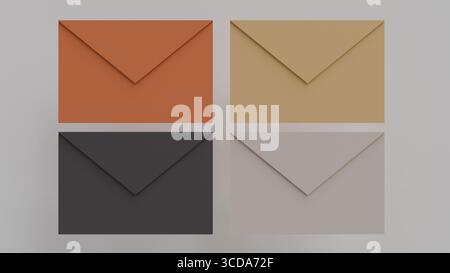 3D visualization of four envelopes dark gray and orange and brown and light gray on a gray background close-up Stock Photo