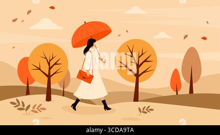 Elegant Autumn woman walking with umbrella in fall landscape in park. Autumnal landscape with falling leaves, colorful trees. Horizontal background ba Stock Vector
