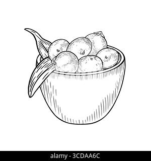 Bowl of acai berries black white vector illustration isolated on white. Fresh small tropical berries, palm leaves in deep plate outline hand drawn Stock Vector
