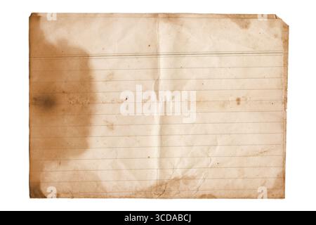 Old vintage lined paper sheet with brown stained spots isolated on white background. Aged lined rusted notebook paper page Stock Photo