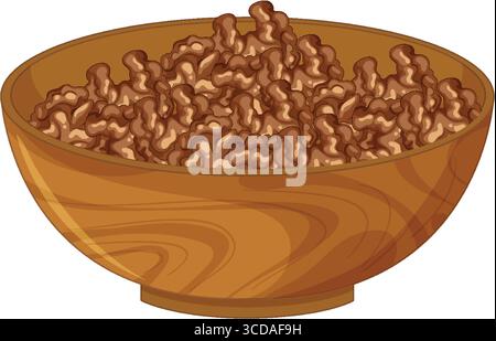 Vector illustration of a wooden bowl brimming with shelled walnut halves, rendered in a clean, realistic style with warm earthy tones Stock Vector