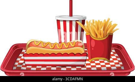 Vector illustration of a hot dog with mustard, French fries, and a soft drink on a red tray with checkered paper, bright colors Stock Vector