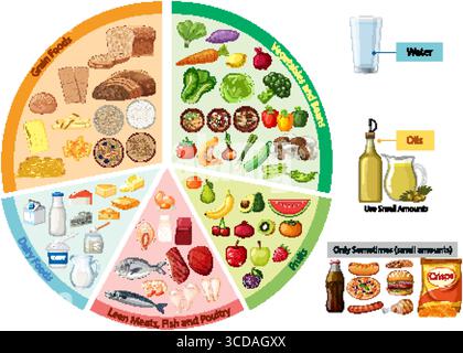 Colorful vector illustration of a balanced food plate, divided into food groups with labeled sections, flat design, clear icons, and copy space Stock Vector