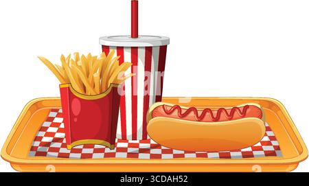 Vector illustration of a hot dog, French fries, and striped soda cup on a checkered tray, rendered in a clean, colorful cartoon style Stock Vector