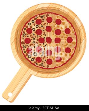Vector illustration of a pizza with pepperoni and black olives, viewed from above on a round wooden serving board, flat style Stock Vector