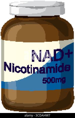 Brown glass bottle labeled NAD+ Nicotinamide 500mg in clean vector style, with simple lighting and minimalistic composition, isolated on white backgro Stock Vector