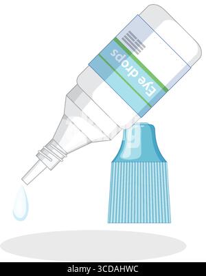 Vector illustration of an eye drops bottle tilted, dispensing a droplet, with the cap placed below. Clean, minimal, flat color style Stock Vector