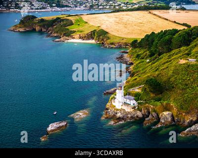 St Anthony Lighthouse from drone, Roseland peninsula, Head circular walk, Cornwall, UK Stock Photo