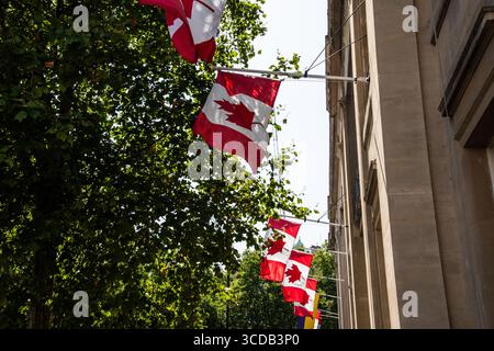 Several Canadian flags on flagpoles outside Canada House in London, UK, waving against a bright sky, symbolising national pride and diplomatic presenc Stock Photo