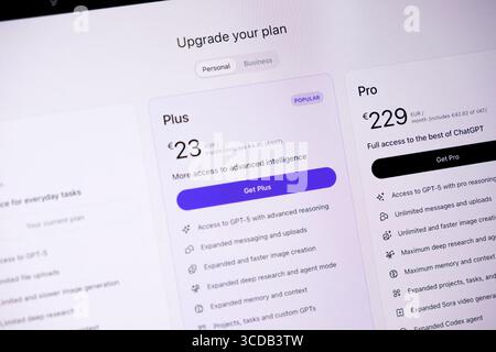 Poznan, Poland - August 9, 2025: ChatGPT application interface displaying upgrade plans, offering expanded access to powerful artificial intelligence Stock Photo