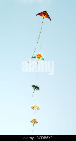 Kites flying high in the sky with a light background Stock Photo