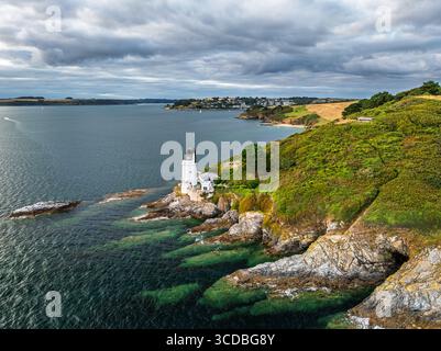 St Anthony Lighthouse from drone, Roseland peninsula, Head circular walk, Cornwall, UK Stock Photo