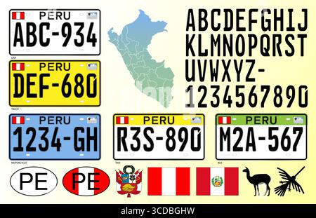 Peru car license plate, letters, numbers and symbols, vector illustration, south america Stock Vector