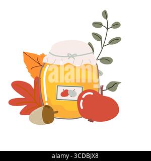 Autumn harvest clip art: jar of apple jam with leaves and acorn illustration. Vector illustration isolated. Hand drawn apple preserve with autumn deco Stock Vector