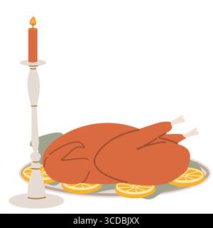Roast turkey with orange slices and candle on festive table setting. Vector illustration isolated on white background. Stock Vector
