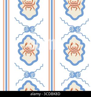 Nautical-themed pattern with crabs and marine motifs in blue and red design. Stock Vector