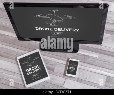 Drone delivery concept shown on different information technology devices Stock Photo
