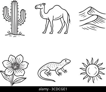 Black line illustration of desert elements including tall cactus walking camel and rolling sand dunes drawn on a clean white background. Stock Vector