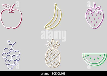 Colorful pastel outline icons of fruits including apple banana strawberry grapes pineapple and a wedge of watermelon on light gray. Stock Vector