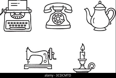 Retro themed line drawings showing a typewriter an old telephone a teapot a classic sewing machine a lit candle and a teacup with saucer. Stock Vector