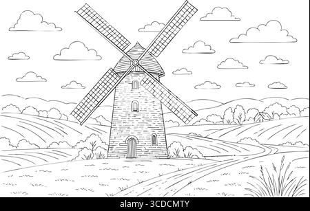Detailed black line scene of a traditional windmill standing among fields with rolling clouds and distant hills. Stock Vector
