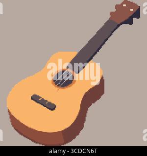 A pixel art illustration of a classic acoustic guitar with a wooden body and dark fretboard displayed on a neutral background Stock Vector