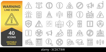 Warning Line Icon Set With 40 Editable Stroke Designs. Thin Line Icons Pack Featuring Alerts, Caution Signs, Hazard Symbols, And Safety Notifications. Stock Vector