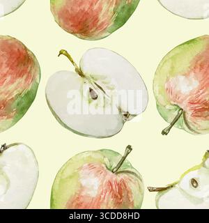 Apples whole and half seamless pattern. Hand drawn watercolor clip art of fresh and juicy fruits. For food and cosmetic packaging design, textiles and Stock Vector