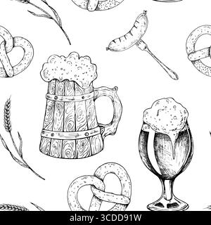 Vector seamless pattern with grilled sausage on fork frame, menu, template. Bavarian pretzel, Brezel with salt. Graphic German bottle of beer Stock Vector