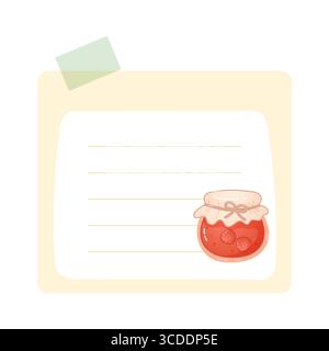 Lined notepaper with strawberry jam jar in pastel tones. Perfect for planners, journaling, or cozy stationery sets. Stock Vector