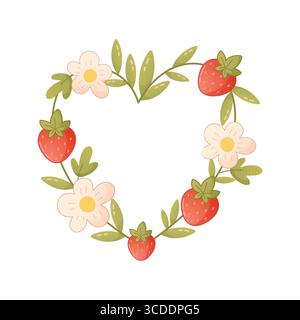 Cute botanical heart frame made of flowers, strawberries and green leaves. Perfect for romantic or cozy designs. Stock Vector
