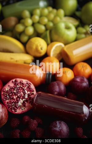 Healthy food concept. Various mixed fruits, vegetables and juices formed in rainbow and placed on table Stock Photo