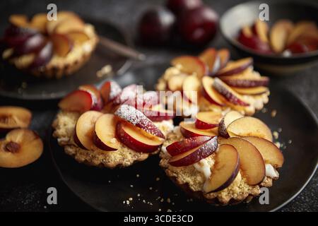 Delicious homemade mini tarts with fresh sliced plum fruit. Sprinkled with icing sugar. Placed on black ceramic plates with fresh pieces of plums on s Stock Photo