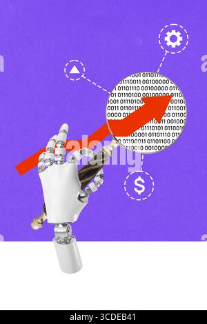 Colorful collage of robotic hand analyzing financial data with magnifying glass Stock Photo