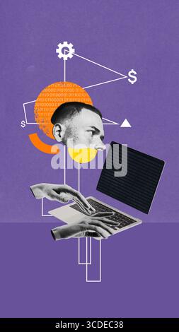 Abstract collage of programmer working on laptop with binary code and business growth symbols Stock Photo