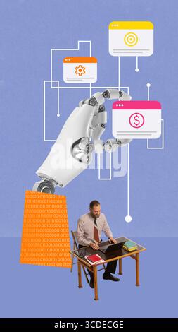 Bold poster. Robotic hand interacting with virtual business interface above man at desk Stock Photo