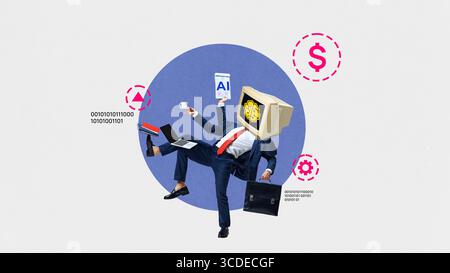 Surreal collage of businessperson with computer monitor head juggling technology and finance elements Stock Photo