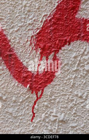 Abstract image of blood red dripping paint on a white textured wall Stock Photo
