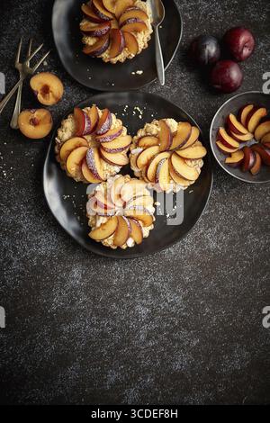 Delicious homemade mini tarts with fresh sliced plum fruit. Sprinkled with icing sugar. Placed on black ceramic plates with fresh pieces of plums on s Stock Photo