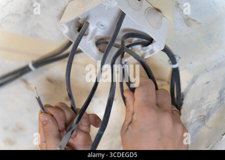 Electrician carefully connecting electrical wires to a junction box on a ceiling during a home renovation, ensuring safe and reliable electrical conne Stock Photo