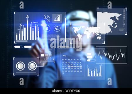 Digital technology enhances data analysis in a modern office environment with interactive displays and graphs for informed decision-making Stock Photo