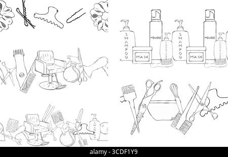 hair cut barber salon Seamless horizontal border set of sketch equipment for styling and hair care. Vector graphic line ink template illustration. Pla Stock Vector