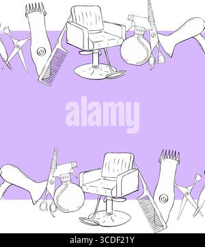 Hairdressing tools Salon seamless horizontal border frame template. Vector graphic line ink illustration. Hair salon accessories outline, hair dryer, Stock Vector