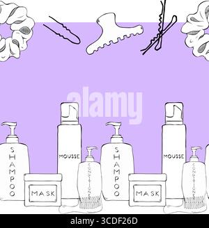 Cosmetics containers bottles and hair clips Salon seamless horizontal border frame template. Vector graphic line ink illustration. For logo, web, pack Stock Vector