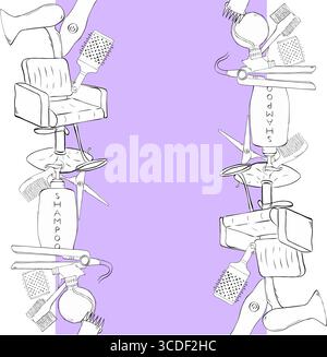 Hairdressing tools Salon seamless vertical border frame template. Vector graphic line ink illustration. Hair salon accessories outline, hair dryer, co Stock Vector