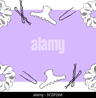 hair clips Salon seamless horizontal border frame template. Vector graphic line ink illustration. Banner, poster, wrapping paper, sticker, print, mode Stock Vector