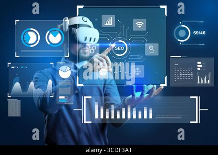 Virtual reality user interacts with SEO data and analytics in a futuristic setting Stock Photo